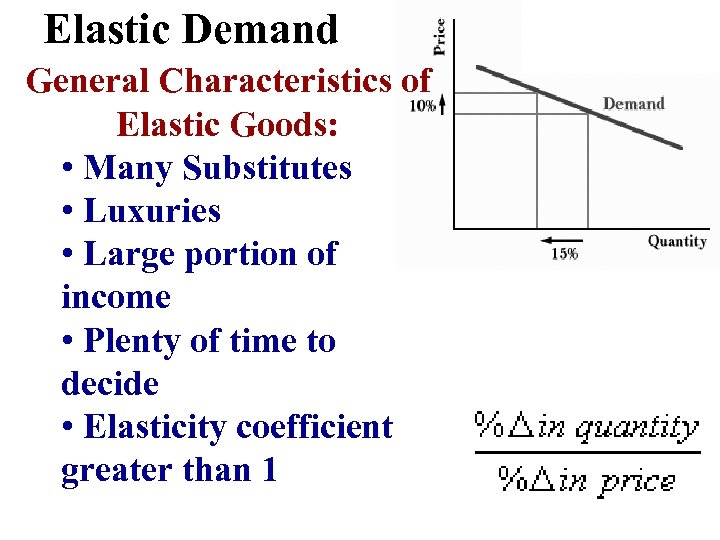 Elastic Demand General Characteristics of Elastic Goods: • Many Substitutes • Luxuries • Large