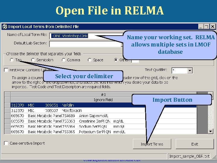 Open File in RELMA Name your working set. RELMA allows multiple sets in LMOF