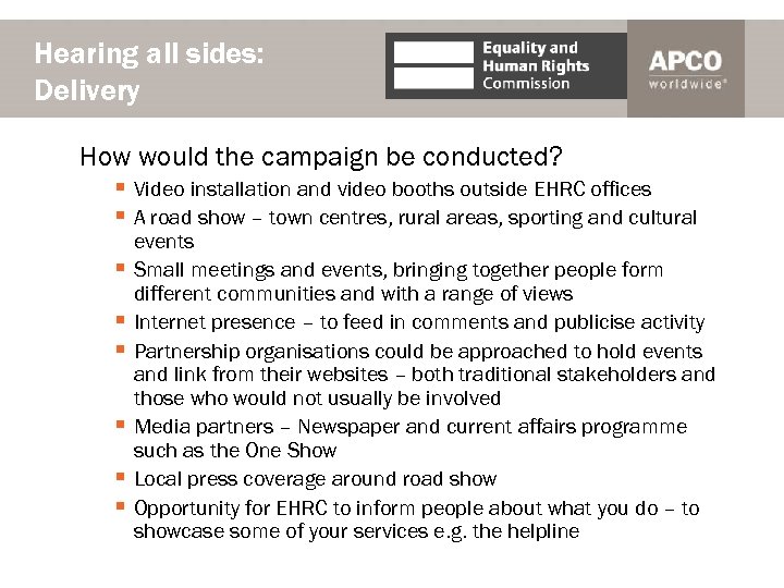 Hearing all sides: Delivery How would the campaign be conducted? § Video installation and