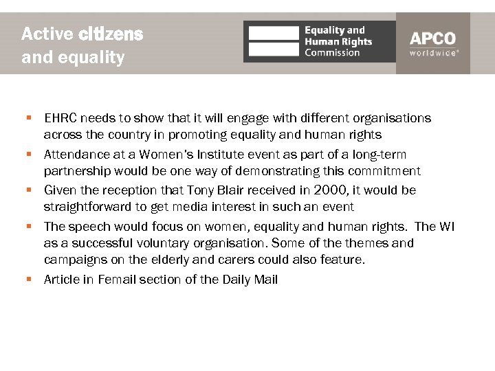 Active citizens and equality § EHRC needs to show that it will engage with