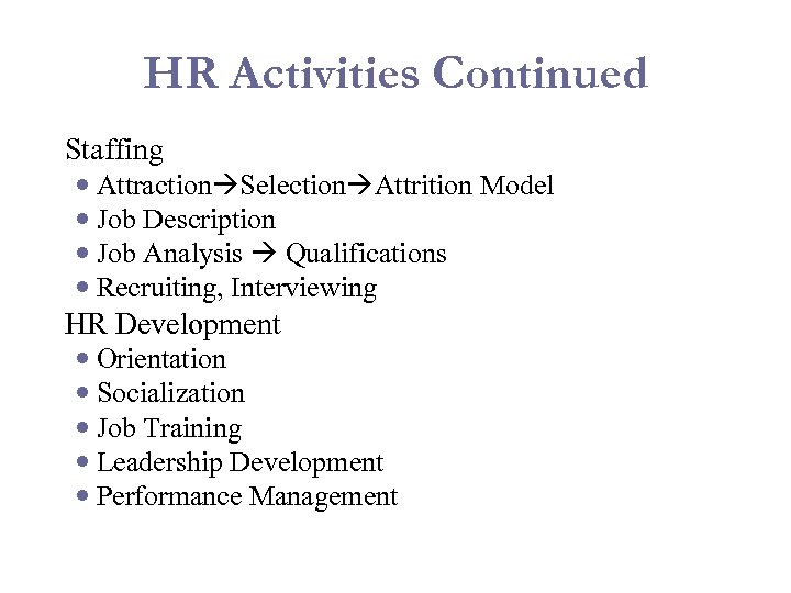 HR Activities Continued Staffing Attraction Selection Attrition Model Job Description Job Analysis Qualifications Recruiting,