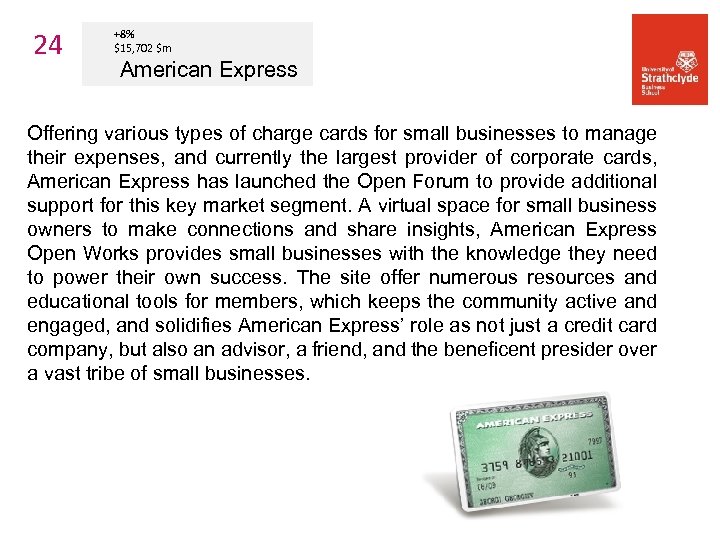 24 +8% $15, 702 $m American Express Offering various types of charge cards for