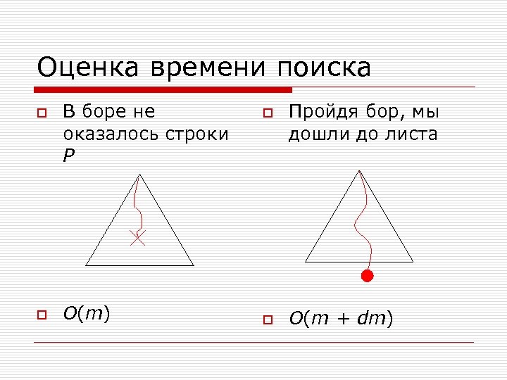 Оценка времени поиска o o В боре не оказалось строки P O(m) o o