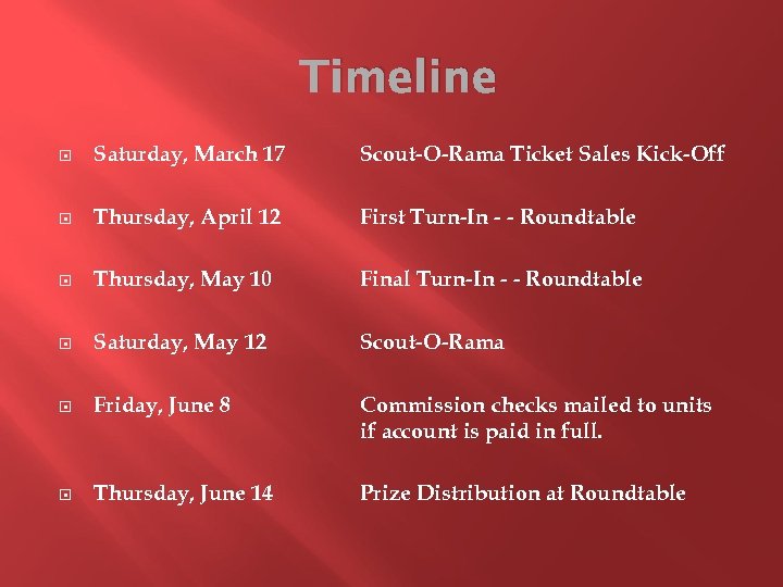 Timeline Saturday, March 17 Scout-O-Rama Ticket Sales Kick-Off Thursday, April 12 First Turn-In -