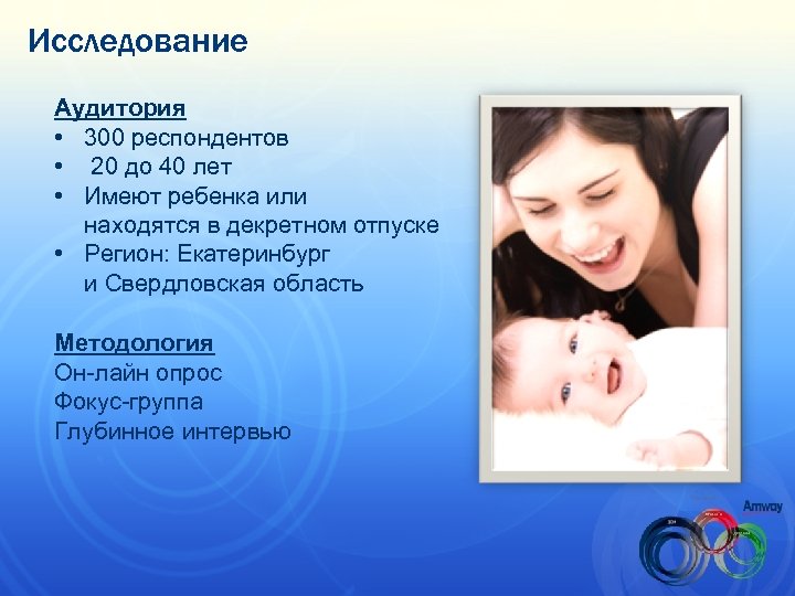 Исследование Аудитория • 300 респондентов • 20 до 40 лет • Имеют ребенка или