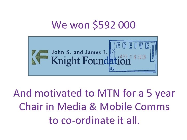 We won $592 000 And motivated to MTN for a 5 year Chair in