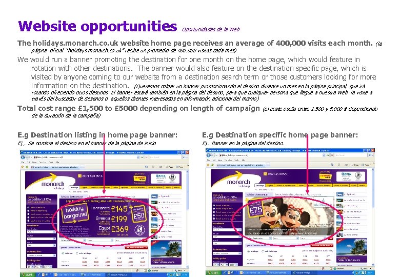 Website opportunities Oportunidades de la Web The holidays. monarch. co. uk website home page