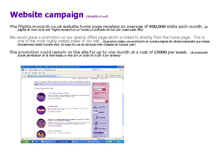Website campaign Campaña en web The flights. monarch. co. uk website home page receives