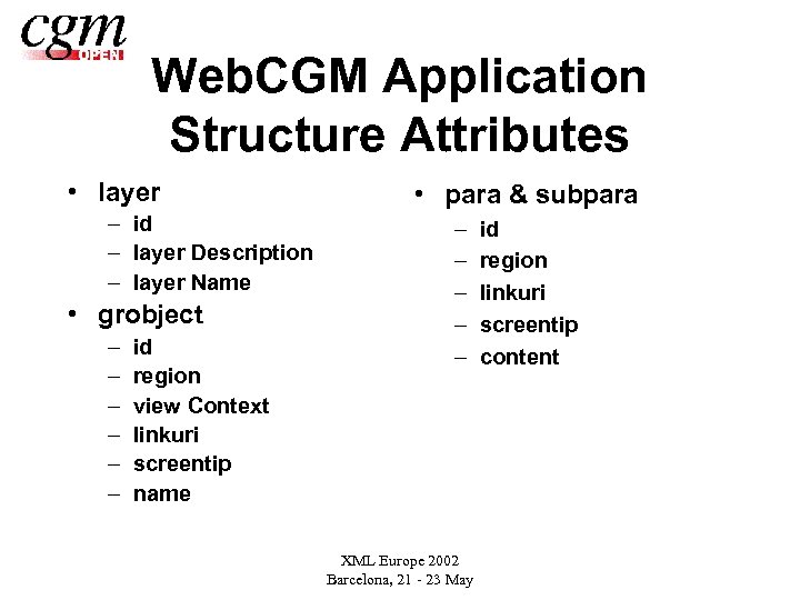 Web. CGM Application Structure Attributes • layer – id – layer Description – layer