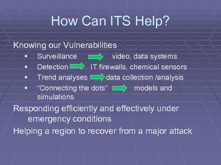 How Can ITS Help? Knowing our Vulnerabilities § § Surveillance video, data systems Detection