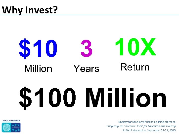 Why Invest? $10 3 10 X Million Years Return $100 Million Society for Scholarly