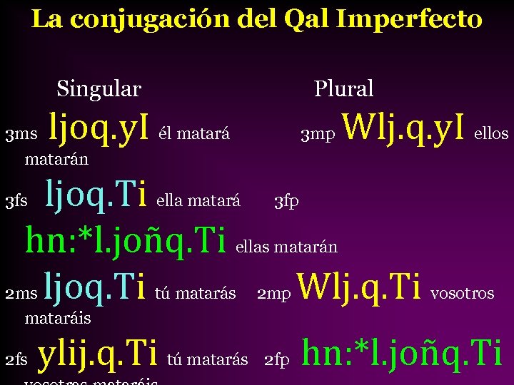 La conjugación del Qal Imperfecto Singular Plural ljoq. y. I él matará 3 ms