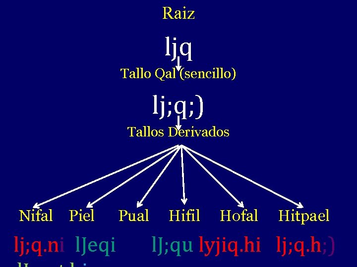 Raiz ljq Tallo Qal (sencillo) lj; q; ) Tallos Derivados Nifal Piel lj; q.