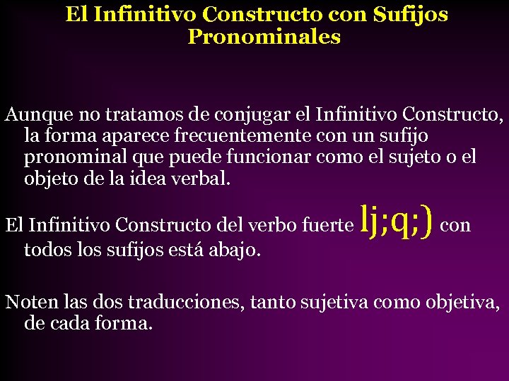 El Infinitivo Constructo con Sufijos Pronominales Aunque no tratamos de conjugar el Infinitivo Constructo,