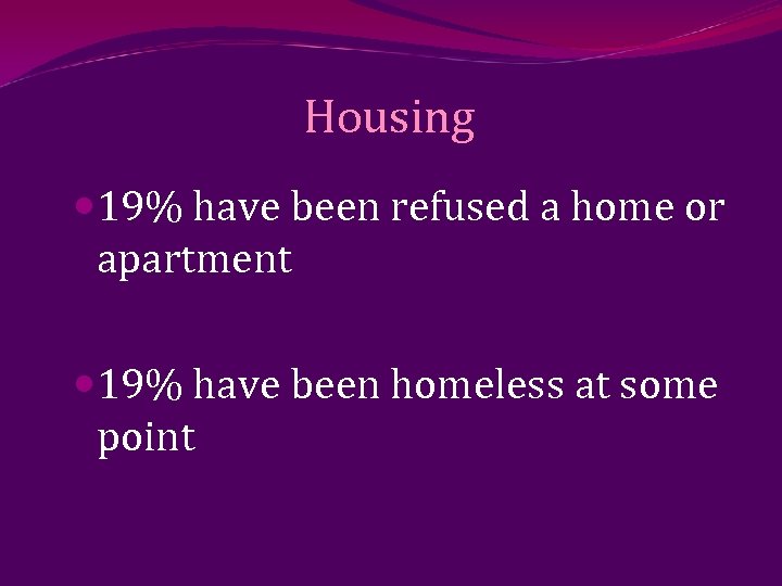 Housing 19% have been refused a home or apartment 19% have been homeless at