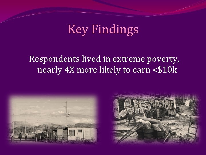 Key Findings Respondents lived in extreme poverty, nearly 4 X more likely to earn