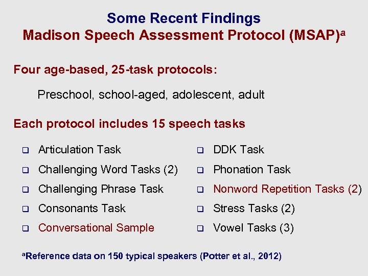 Some Recent Findings Madison Speech Assessment Protocol (MSAP)a Four age-based, 25 -task protocols: Preschool,