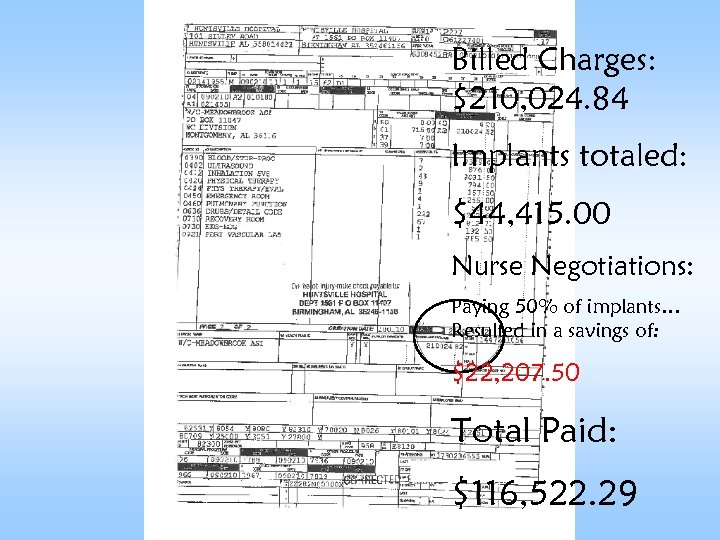 Billed Charges: $210, 024. 84 Implants totaled: $44, 415. 00 Nurse Negotiations: Paying 50%