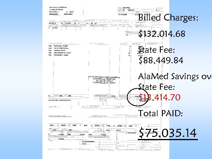 Billed Charges: $132, 014. 68 State Fee: $88, 449. 84 Ala. Med Savings ove