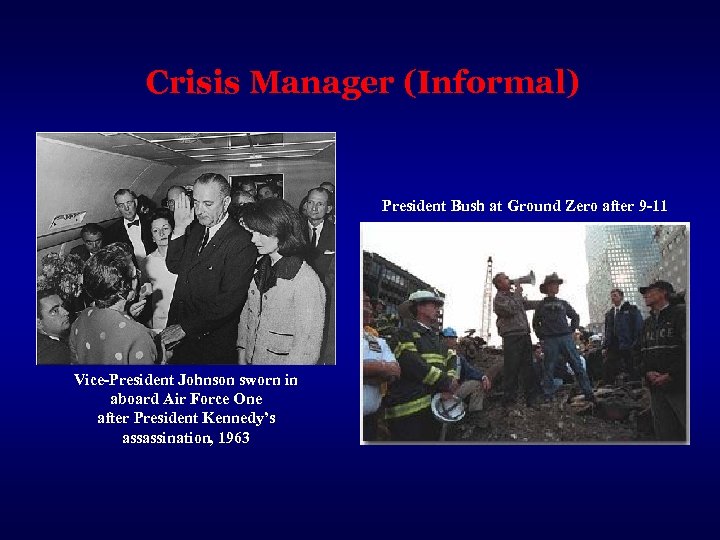 Crisis Manager (Informal) President Bush at Ground Zero after 9 -11 Vice-President Johnson sworn