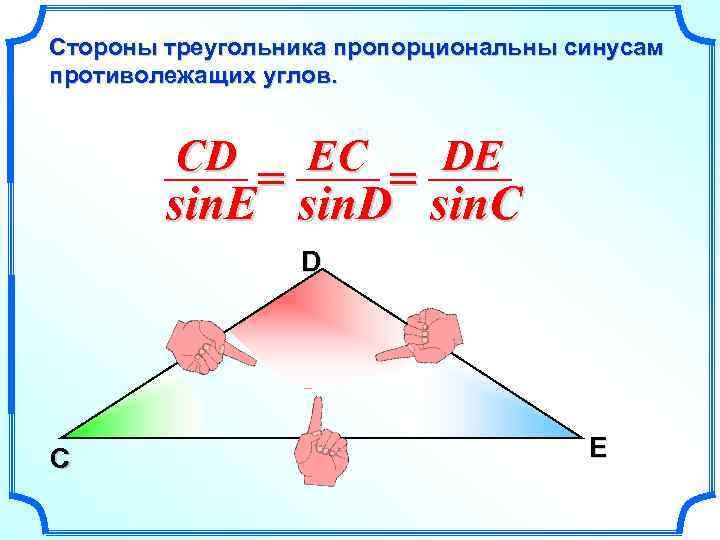 Стороны треугольника пропорциональны синусам противолежащих углов. CD EC DE = = sin. E sin.