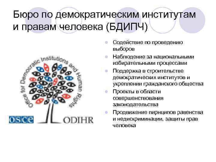 Бюро по демократическим институтам и правам человека (БДИПЧ) l l l Содействие по проведению