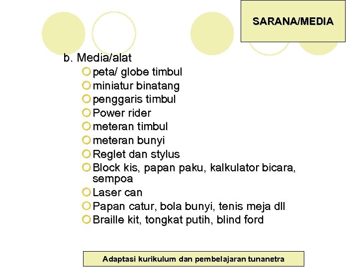 SARANA/MEDIA b. Media/alat ¡ peta/ globe timbul ¡ miniatur binatang ¡ penggaris timbul ¡