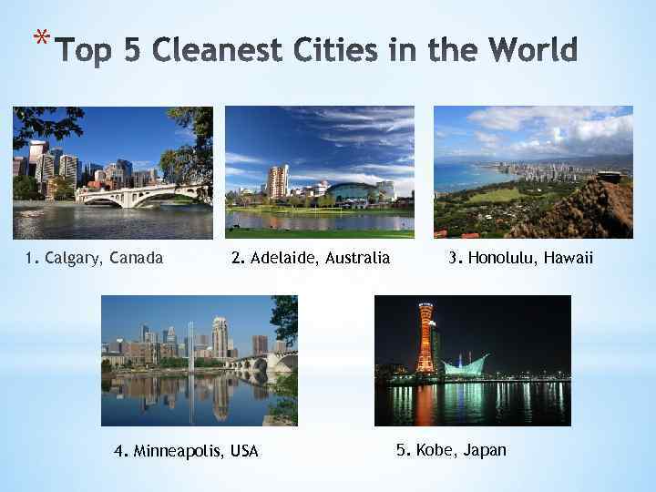 * 1. Calgary, Canada 2. Adelaide, Australia 4. Minneapolis, USA 3. Honolulu, Hawaii 5.