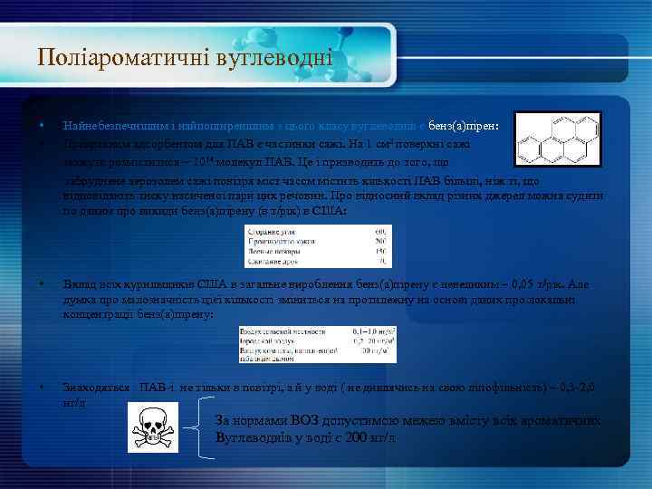 Поліароматичні вуглеводні • • Найнебезпечнішим і найпоширенішим з цього класу вуглеводнів є бенз(а)пірен: Прекрасним