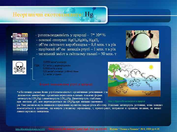 Неорганічні екотоксиканти: Hg • - розповсюдженість у природі - 7* 10 -6 % -