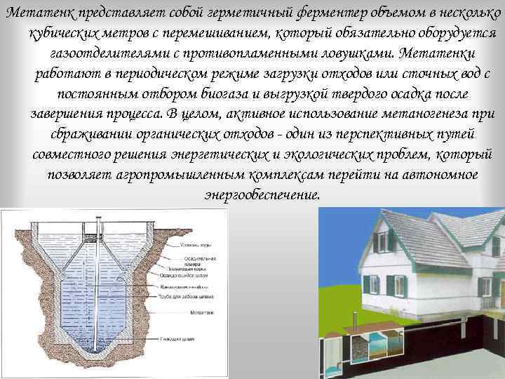 Метатенк представляет собой герметичный ферментер объемом в несколько кубических метров с перемешиванием, который обязательно