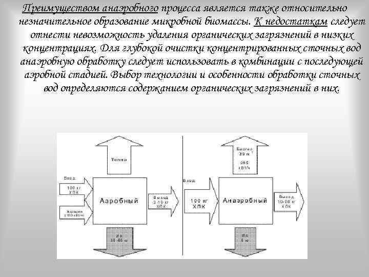 Преимуществом анаэробного процесса является также относительно незначительное образование микробной биомассы. К недостаткам следует отнести