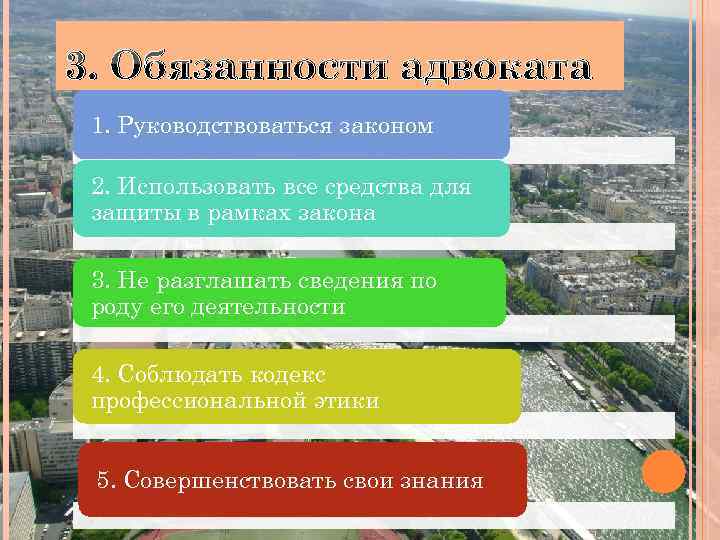 3. Обязанности адвоката 1. Руководствоваться законом 2. Использовать все средства для защиты в рамках