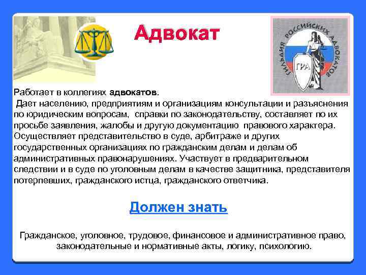 Адвокат Работает в коллегиях адвокатов. Дает населению, предприятиям и организациям консультации и разъяснения по