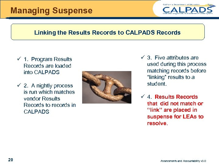 Managing Suspense Linking the Results Records to CALPADS Records ü 1. Program Results Records