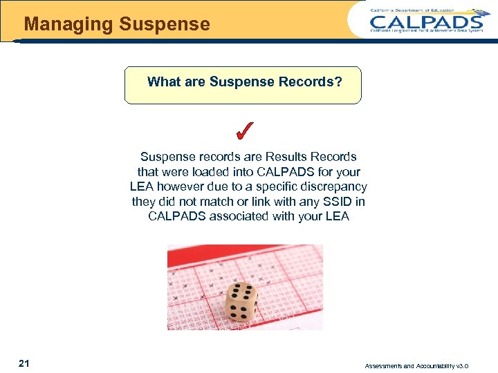 Managing Suspense What are Suspense Records? Suspense records are Results Records that were loaded