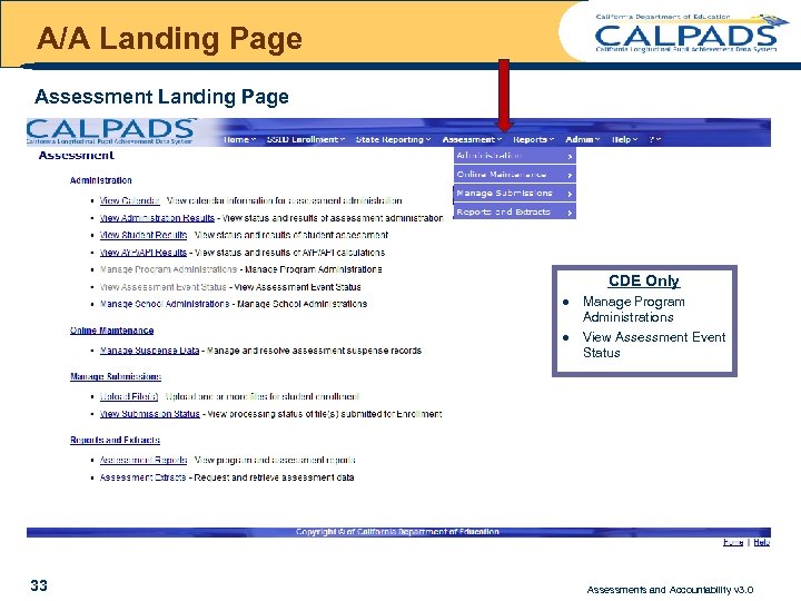 A/A Landing Page Assessment Landing Page CDE Only l l 33 Manage Program Administrations