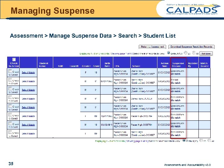 Managing Suspense Assessment > Manage Suspense Data > Search > Student List 35 Assessments
