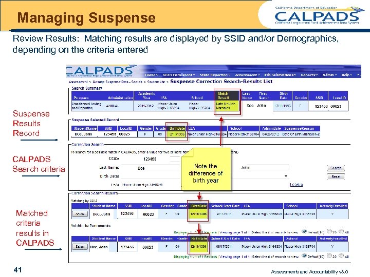 Managing Suspense Review Results: Matching results are displayed by SSID and/or Demographics, depending on