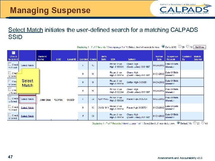 Managing Suspense Select Match initiates the user-defined search for a matching CALPADS SSID 47