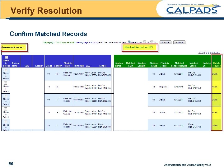 Verify Resolution Confirm Matched Records 56 Assessments and Accountability v 3. 0 