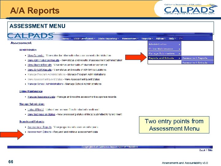 A/A Reports ASSESSMENT MENU Two entry points from Assessment Menu 66 Assessments and Accountability