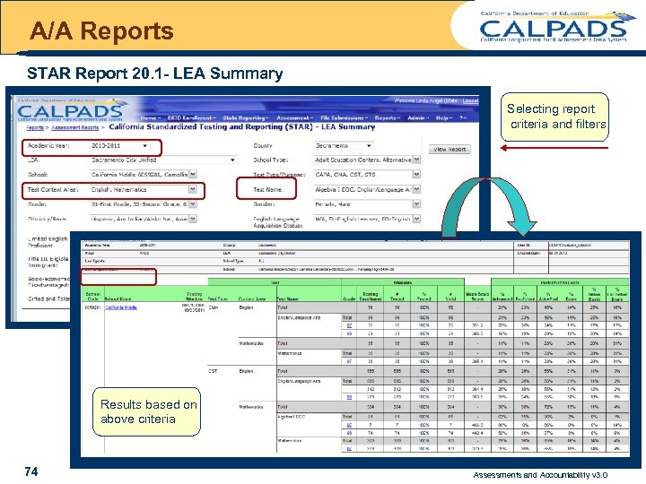 A/A Reports STAR Report 20. 1 - LEA Summary Selecting report criteria and filters