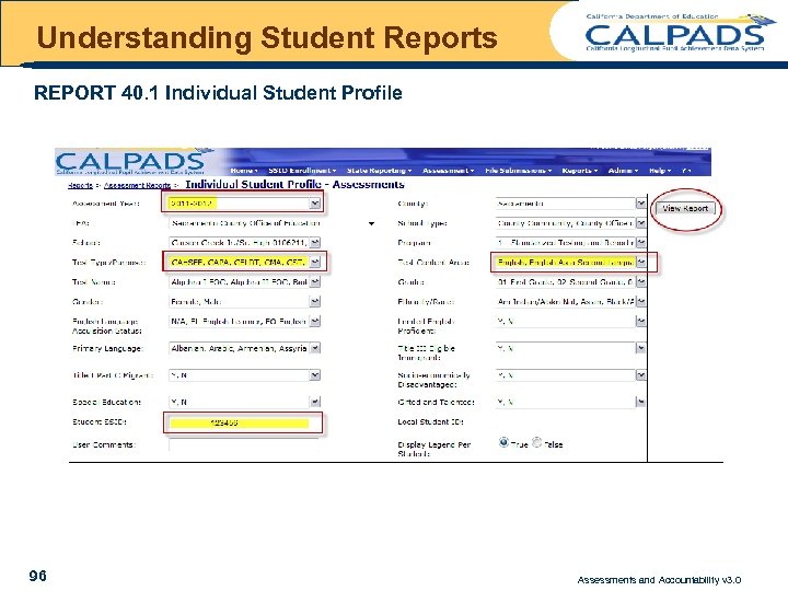 Understanding Student Reports REPORT 40. 1 Individual Student Profile 96 Assessments and Accountability v