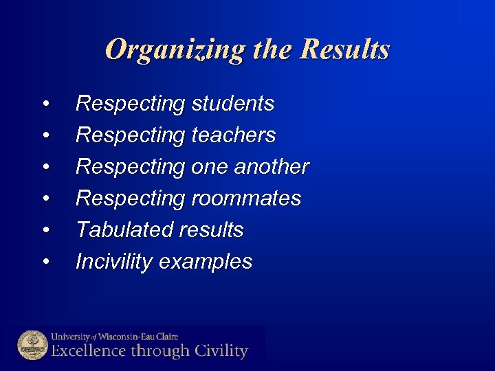 Organizing the Results • • • Respecting students Respecting teachers Respecting one another Respecting