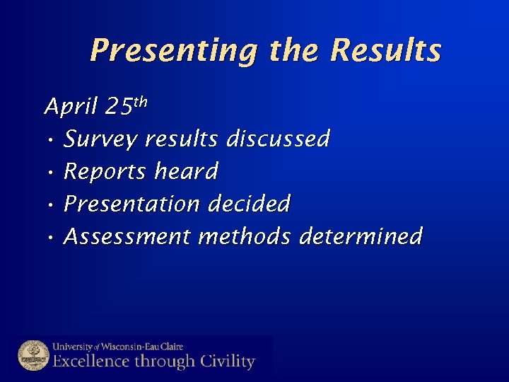 Presenting the Results April 25 th • Survey results discussed • Reports heard •
