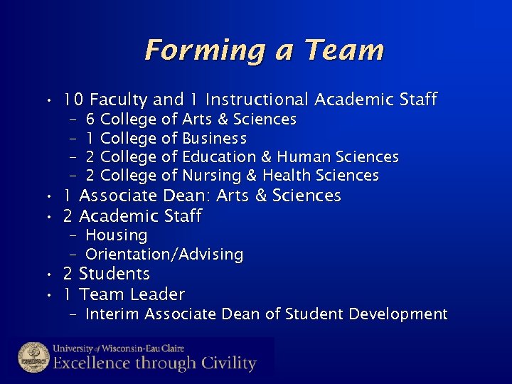 Forming a Team • 10 Faculty and 1 Instructional Academic Staff – – 6