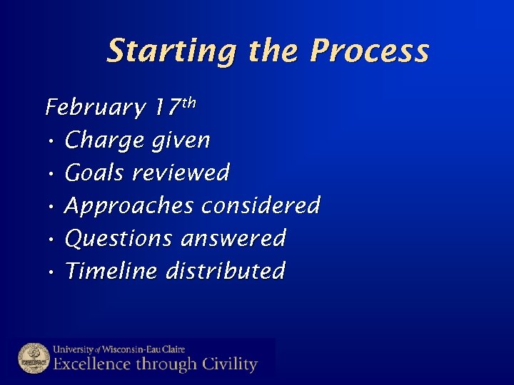 Starting the Process February 17 th • Charge given • Goals reviewed • Approaches