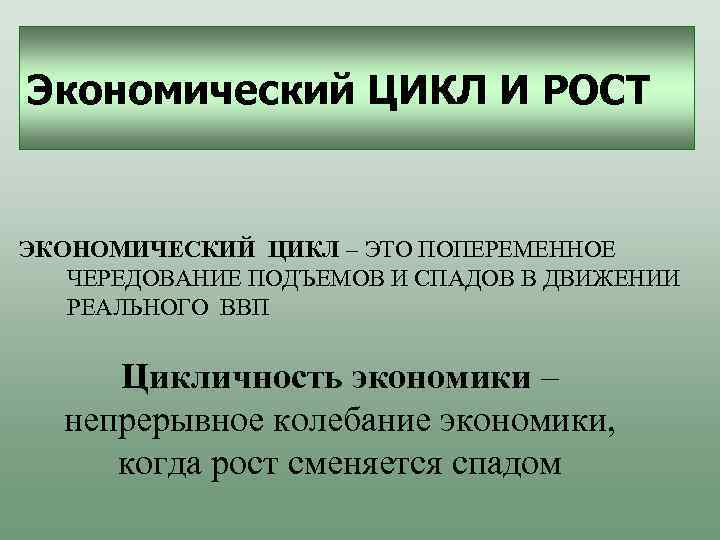 Экономический ЦИКЛ И РОСТ ЭКОНОМИЧЕСКИЙ ЦИКЛ – ЭТО ПОПЕРЕМЕННОЕ ЧЕРЕДОВАНИЕ ПОДЪЕМОВ И СПАДОВ В