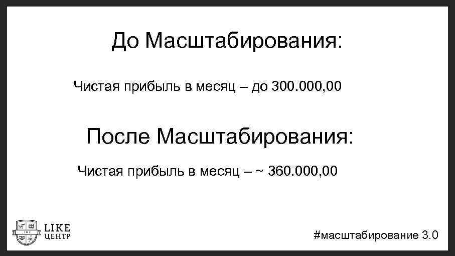 До Масштабирования: Чистая прибыль в месяц – до 300. 000, 00 После Масштабирования: Чистая